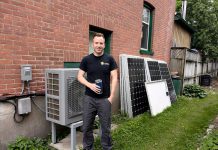 Shane Switzer of Kawartha Eco Climate Control installed this heat pump in an older home in the Avenues neighbourhood in Peterborough in 2024. Although the primary motivation for installation was extremely efficient heating, it has the added benefit of providing cooling as well, something the home did not previously have. (Photo: Clara Blakelock / GreenUP)