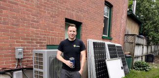 Shane Switzer of Kawartha Eco Climate Control installed this heat pump in an older home in the Avenues neighbourhood in Peterborough in 2024. Although the primary motivation for installation was extremely efficient heating, it has the added benefit of providing cooling as well, something the home did not previously have. (Photo: Clara Blakelock / GreenUP)
