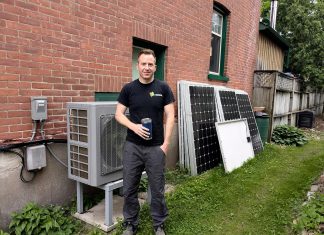 Shane Switzer of Kawartha Eco Climate Control installed this heat pump in an older home in the Avenues neighbourhood in Peterborough in 2024. Although the primary motivation for installation was extremely efficient heating, it has the added benefit of providing cooling as well, something the home did not previously have. (Photo: Clara Blakelock / GreenUP)