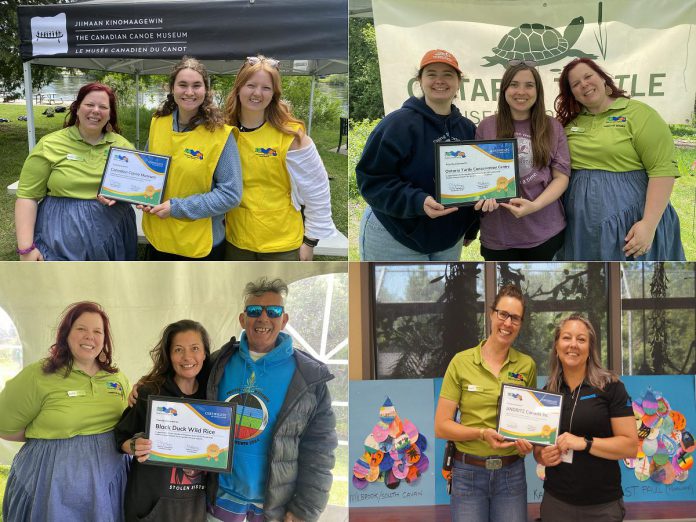 Left to right, top and bottom: representatives of The Canadian Canoe Museum, Ontario Turtle Conservation Centre, Black Duck Wild Rice, and ANDRITZ Hydro Canada received certificates of appreciation for facilitating guest activity centres at the 24th annual Peterborough Children's Water Festival on May 27 and 28, 2026 at Riverview Park and Zoo. (Photos: Natalie Stephenson and Yvonne Hollandy / GreenUP)