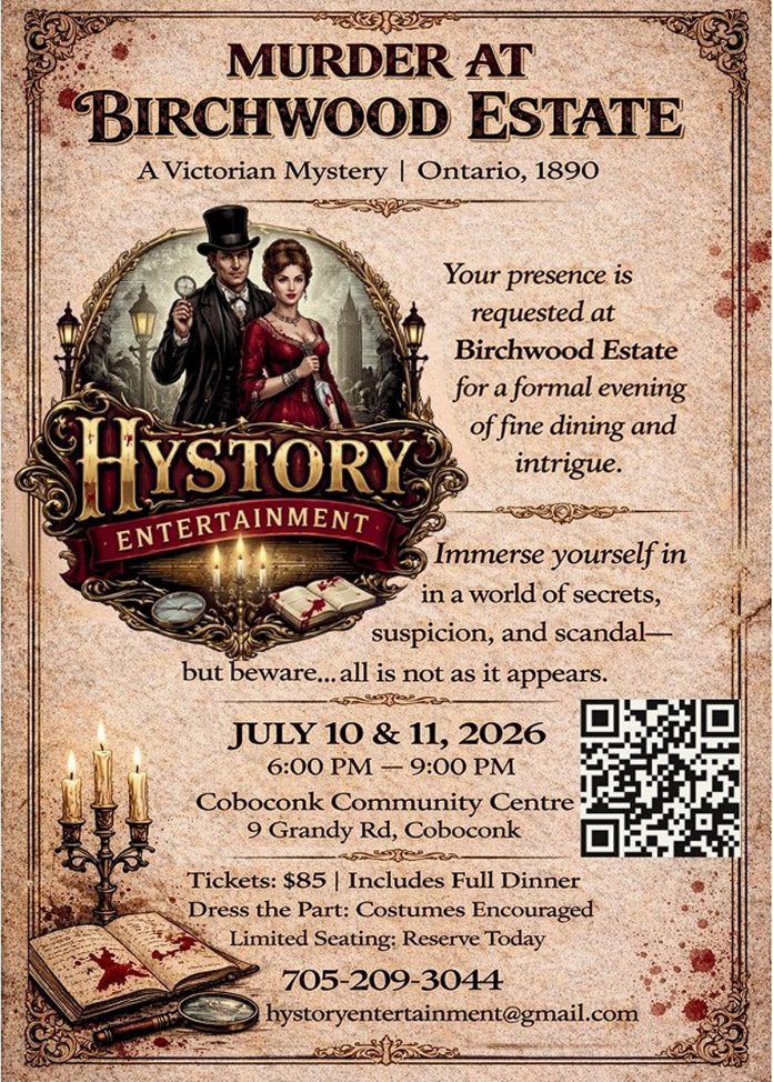 "Murder at Birchwood Estate" takes place at the Coboconk Community Centre on July 10 and 11, 2026, although the July 10 event is already sold out. (Image courtesy of Hystory Entertainment)