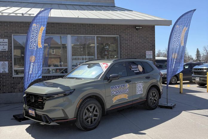 Sponsored by Trent Valley Honda, the grand prize of the Rotary Club of Peterborough Kawartha's first-ever Pay It Forward Lottery is a Honda Hybrid CR-V, with the winner to be drawn on August 15 at the Peterborough Folk Festival, one of five local organizations that will receive the proceeds from the lottery. The winner of the final early bird prize will be drawn on July 17, with the winners of both of the first two early bird prizes donating them. (Photo courtesy of Rotary Club of Peterborough Kawartha)