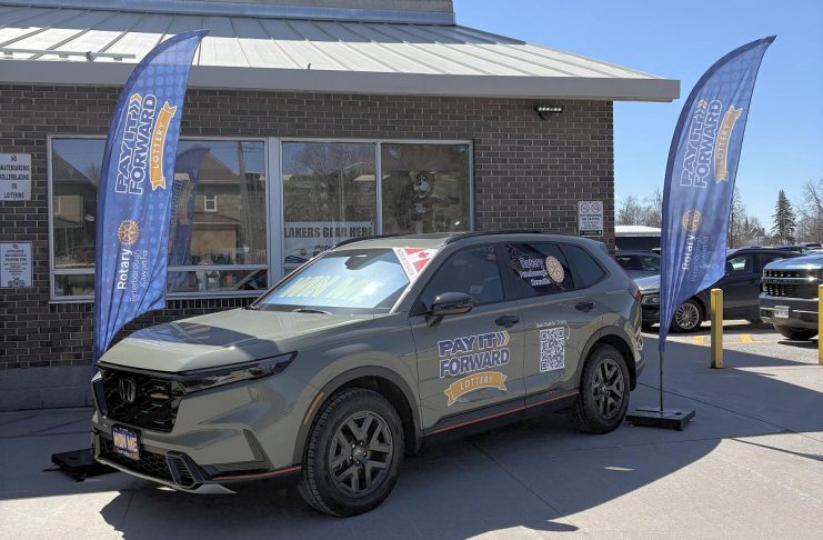Sponsored by Trent Valley Honda, the grand prize of the Rotary Club of Peterborough Kawartha's first-ever Pay It Forward Lottery is a Honda Hybrid CR-V, with the winner to be drawn on August 15 at the Peterborough Folk Festival, one of five local organizations that will receive the proceeds from the lottery. The winner of the final early bird prize will be drawn on July 17, with the winners of both of the first two early bird prizes donating them. (Photo courtesy of Rotary Club of Peterborough Kawartha)
