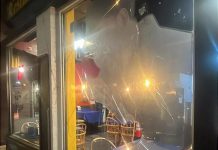 A front window at La Mesita Restaurante at 247 George Street North in downtown Peterborough just north of Sherbrooke was vandalized sometime overnight on June 7, 2026. (Photo: La Mesita Restaurante / Facebook)