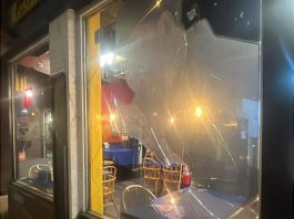 A front window at La Mesita Restaurante at 247 George Street North in downtown Peterborough just north of Sherbrooke was vandalized sometime overnight on June 7, 2026. (Photo: La Mesita Restaurante / Facebook)