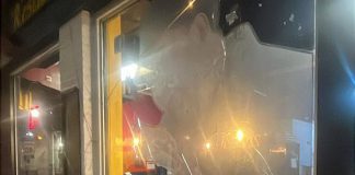A front window at La Mesita Restaurante at 247 George Street North in downtown Peterborough just north of Sherbrooke was vandalized sometime overnight on June 7, 2026. (Photo: La Mesita Restaurante / Facebook)