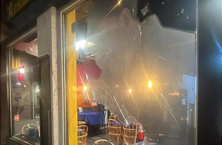 A front window at La Mesita Restaurante at 247 George Street North in downtown Peterborough just north of Sherbrooke was vandalized sometime overnight on June 7, 2026. (Photo: La Mesita Restaurante / Facebook)