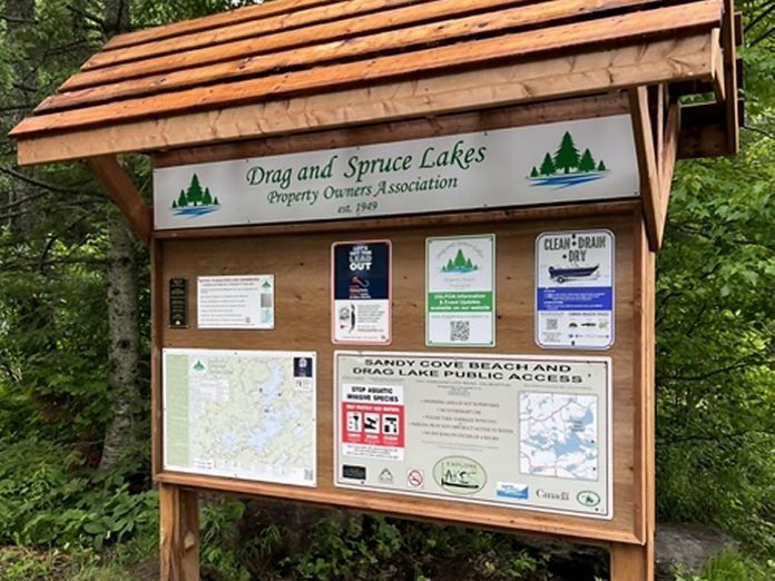 A municipal grant for the "Let's Get the Lead Out" campaign and other initiatives of the Drag and Spruce Lakes Property Owners Association supported the build of kiosks at each of the lakes' boat launches and public beaches. The association has posted signs to educate locals and visitors about the "Let's Get the Lead Out" campaign and the dangers posed by fishing with lead tackle. (Photo: Drag and Spruce Lakes Property Owners Association)