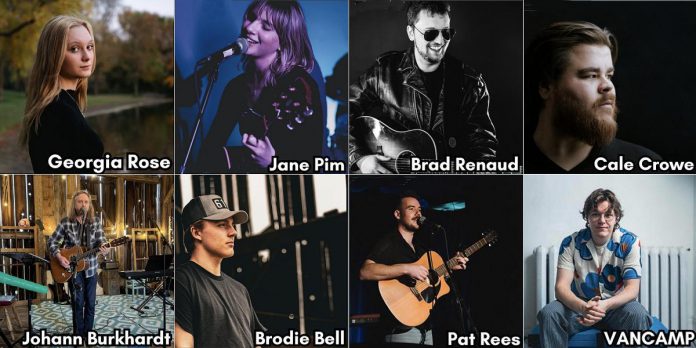The musicians who will be performing at the 2026 "Songs for a Stronger Tomorrow" benefit concert for Canadian Mental Health Association Haliburton, Kawartha, Pine Ridge takes, which takes place from 1:30 to 9 p.m. on Saturday, June 27 at 100 Acre Brewing Co. at 390 Ashburnham Drive in Peterborough. (kawarthaNOW collage of photos courtesy of Pat Rees)