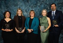The recipients of the "4-Under-40" awards at the Peterborough and Kawarthas Chamber of Commerce's 2025 Business Excellence Awards with Karen Auger (middle) of award sponsor MNP Peterborough. Left to right: Adeilah Dahlke, Meagan McLaren, Amy Muir, and Michael Riseley. (Photo: Peterborough and Kawarthas Chamber of Commerce)