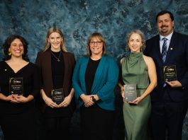 The recipients of the "4-Under-40" awards at the Peterborough and Kawarthas Chamber of Commerce's 2025 Business Excellence Awards with Karen Auger (middle) of award sponsor MNP Peterborough. Left to right: Adeilah Dahlke, Meagan McLaren, Amy Muir, and Michael Riseley. (Photo: Peterborough and Kawarthas Chamber of Commerce)