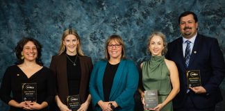 The recipients of the "4-Under-40" awards at the Peterborough and Kawarthas Chamber of Commerce's 2025 Business Excellence Awards with Karen Auger (middle) of award sponsor MNP Peterborough. Left to right: Adeilah Dahlke, Meagan McLaren, Amy Muir, and Michael Riseley. (Photo: Peterborough and Kawarthas Chamber of Commerce)