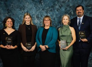 Nominations open for Peterborough and Kawarthas Chamber of Commerce’s 2026 Business Excellence Awards The recipients of the "4-Under-40" awards at the Peterborough and Kawarthas Chamber of Commerce's 2025 Business Excellence Awards with Karen Auger (middle) of award sponsor MNP Peterborough. Left to right: Adeilah Dahlke, Meagan McLaren, Amy Muir, and Michael Riseley. (Photo: Peterborough and Kawarthas Chamber of Commerce)