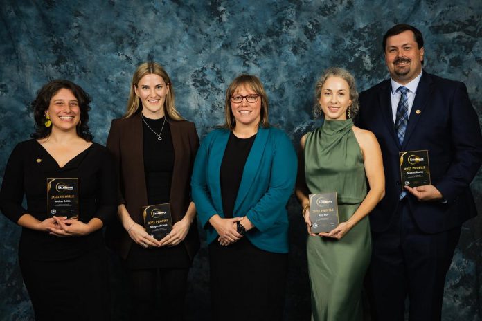 The recipients of the "4-Under-40" awards at the Peterborough and Kawarthas Chamber of Commerce's 2025 Business Excellence Awards with Karen Auger (middle) of award sponsor MNP Peterborough. Left to right: Adeilah Dahlke, Meagan McLaren, Amy Muir, and Michael Riseley. (Photo: Peterborough and Kawarthas Chamber of Commerce) The recipients of the "4-Under-40" awards at the Peterborough and Kawarthas Chamber of Commerce's 2025 Business Excellence Awards with Karen Auger (middle) of award sponsor MNP Peterborough. Left to right: Adeilah Dahlke, Meagan McLaren, Amy Muir, and Michael Riseley. (Photo: Peterborough and Kawarthas Chamber of Commerce)