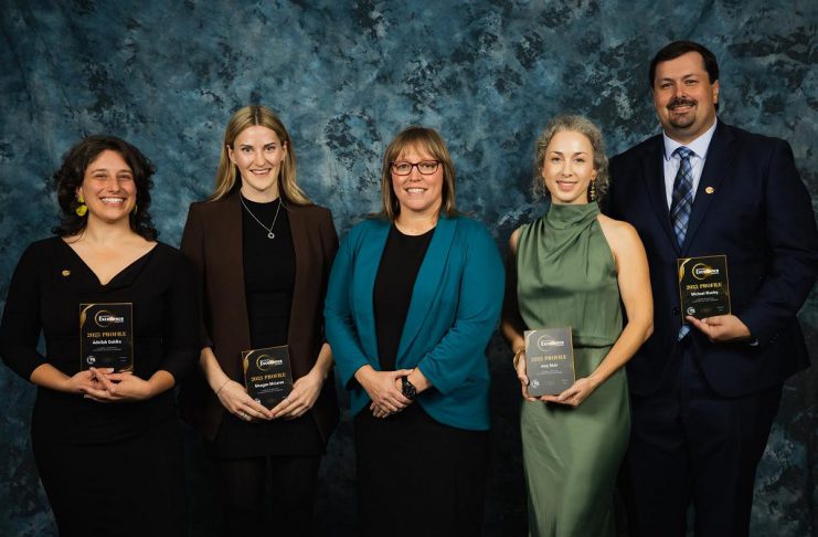 The recipients of the "4-Under-40" awards at the Peterborough and Kawarthas Chamber of Commerce's 2025 Business Excellence Awards with Karen Auger (middle) of award sponsor MNP Peterborough. Left to right: Adeilah Dahlke, Meagan McLaren, Amy Muir, and Michael Riseley. (Photo: Peterborough and Kawarthas Chamber of Commerce)