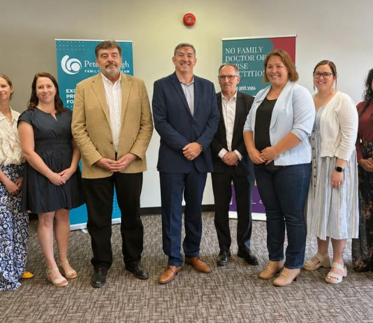 Pictured during the May 29, 2026 announcement of $2.1 million in Ontario government funding to connect unattached patients to primary care are, from left to right, Dr. Britt Lehmann-Bender, Dr. Wendy Thomas, Peterborough Family Health Team clinical manager Kathryn Ward, Peterborough Family Health Team CEO Duff Sprague, Peterborough-Kawartha MPP Dave Smith, Peterborough city councillor Dave Haacke, Peterborough 360 Degree Nurse Practitioner-Led Clinic executive director Danielle Howson, Peterborough Community Health Centre executive director Ashley Safar, Dr. Madura Sundareswaran of the Peterborough Newcomer Health Clinic, and Peterboorugh County deputy warden and Selwyn Township mayor Sherry Senis. (Photo courtesy of Peterborough Family Health Team)