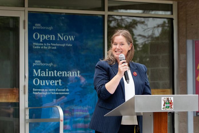 Cathy Mitchell, the City of Peterborough's recreation, parks and culture service manager, emceed the media event on June 25, 2026 for the opening of the new Peterborough Visitor Centre. Formerly the manager curator of Riverview Park and Zoo, she recently joined Peterborough Tourism, the city's tourism services and destination marketing program. (Photo: Jordan Lyall / kawarthaNOW)
