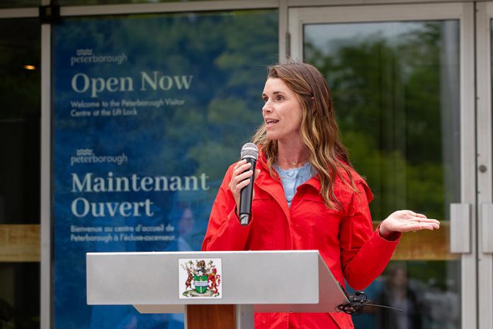 Peterborough MP Emma Harrison speaks during a media event on June 25, 2026 for the opening of the new Peterborough Visitor Centre. (Photo: Jordan Lyall / kawarthaNOW)