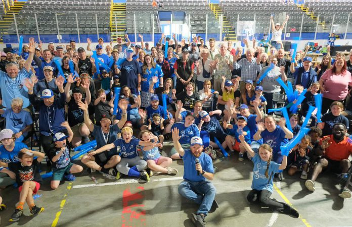 Attendees at a Blue Jays watch party at the Jack Burger Sports Complex in Port Hope on June 7, 2026 celebrate a $158,200 Jays Care Foundation grant to the Municipality of Port Hope for renovations to the Welcome Park baseball diamond at 4640 Dale Road, including a refurbished infield with an accessible turf surface, new accessible dugouts, refreshed bleachers, and new fencing. (Photo: Municipality of Port Hope)