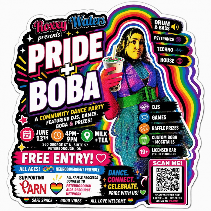 The Pride + Boba community dance party takes place at Milk + Tea at 360 George Street North in downtown Peterborough on June 13, 2026. (Poster courtesy of Roxxy Waters)