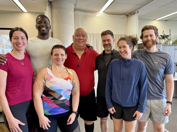Australian physiotherapist Antony Lo (middle) with Trent Health in Motion owners Reanna Montopoli and Michael Williams (left) and staff Kelsey Skebo, Michael Newbigging, Kristin Knill, and Joshua Palmer. Lo led The Female Athlete Course at the Peterborough clinic, which was taken by all of Trent Health in Motion's physiotherapists and one massage therapist as well as other healthcare professionals in the community, including some who came from as far as New York State. (Photo courtesy of Trent Health in Motion)