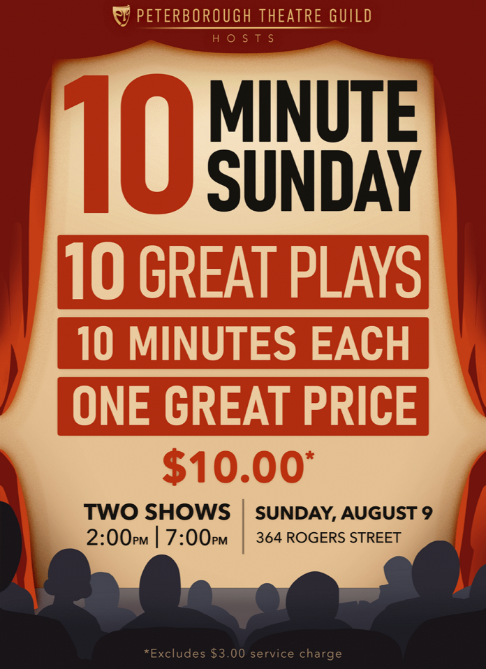Staged at the Peterborough Theatre Guild with matinee and evening performances on August 9, 2026, "10 Minute Sunday" features 10 plays that are each 10 minutes long at a cost of $10. (Graphic courtesy of D'Arcy Jenish)