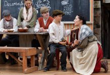 Actor Lindsay Wilson talks to Jasper Chesser in a scene from "Wild Irish Geese" as (left to right) Padrick Wilson, Indigo Chesser, and Darragh O'Connell look on during a media day event at 4th Line Theatre in Millbrook on July 22, 2026. Megan Murphy's play about the Peter Robinson emigration returns to the Winslow Farm from August 4 to 29 after its sold-out world premiere last summer. (Photo: Jordan Lyall / kawarthaNOW)
