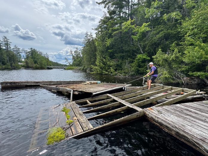 After collecting and extracting more than 60 abandoned docks from the Catchacoma-Mississagua lakes system with the support of a community grant from the Municipality of Trent Lakes, the Cavendish Community Ratepayers Association Inc. is aiming to keep up to momentum for the Abandoned Docks Initiative. The organizations will be removing docks from the Mississagua Dam from July 17 to 19, 2026 and the Catchacoma Marina in August. (Photo courtesy of Abandoned Dock Initiative)