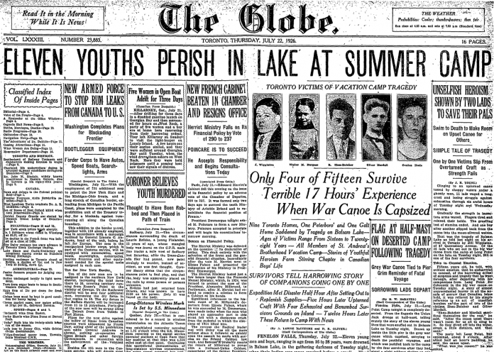 The front page of The Globe in Toronto on July 22, 1926. (Source: Levelfilm)