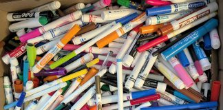 Some of the 25,714 pens, markers, highlighters, mechanical pencils, and other plastic-based writing tools collected during the June 2026 Writing Instrument Challenge organized by Clean Up Peterborough. Plastic-based writing instruments are generally too small and complex to be processed through recycling systems and consequently often end up in landfills. TerraCycle accepts pens, markers, highlighters, mechanical pencils, and other plastic-based writing tools through its free recycling program at Staples stores. (Photo courtesy of Clean Up Peterborough)