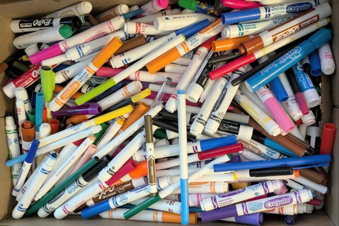 Some of the 25,714 pens, markers, highlighters, mechanical pencils, and other plastic-based writing tools collected during the June 2026 Writing Instrument Challenge organized by Clean Up Peterborough. Plastic-based writing instruments are generally too small and complex to be processed through recycling systems and consequently often end up in landfills. TerraCycle accepts pens, markers, highlighters, mechanical pencils, and other plastic-based writing tools through its free recycling program at Staples stores. (Photo courtesy of Clean Up Peterborough)