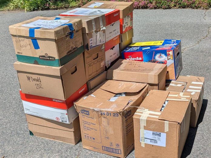 The 25,714 pens, markers, highlighters, mechanical pencils, and other plastic-based writing tools collected during the June 2026 Writing Instrument Challenge organized by Clean Up Peterborough filled 22 boxes and weighed just over 200 kilograms. They will be recycled through the Staples-sponsored TerraCycle writing instrument recycling program, which separates the collected materials and processes the plastics for use in new products. (Photo courtesy of Clean Up Peterborough)