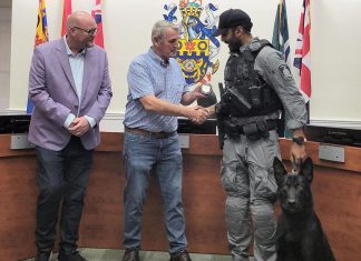 Cobourg police service board chair Adam Bureau (left) and retired sergeant Don Missen, who led the Cobourg police's former canine unit from 1997 to 2003, presented Constable Amrit Gill and German shepherd Atos with the K-9 badge at a ceremony during the police service board's meeting in council chambers at Victoria Hall on July 28, 2026. (Photo courtesy of Cobourg Police Service)