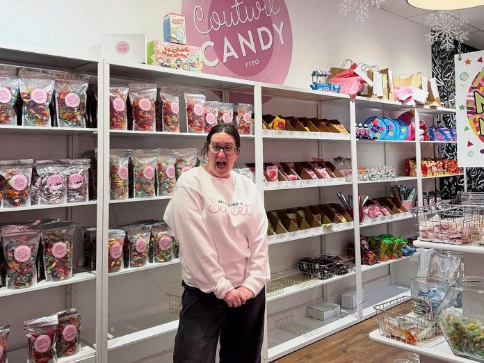 Over seven years of owning and operating Couture Candy PTBO, Lisa Couture has made several adaptations to her business model. From expanding across multiple storefronts to selling exclusively through livestreaming, Couture has trusted her instincts for the better of her business and personal life. In her latest pivot, she will be closing down her downtown Peterborough storefront on George Street at the end of August 2026 to make time for more frequent live selling and community involvement and to have more time to spend with her children and husband. (Photo courtesy of Couture Candy PTBO)