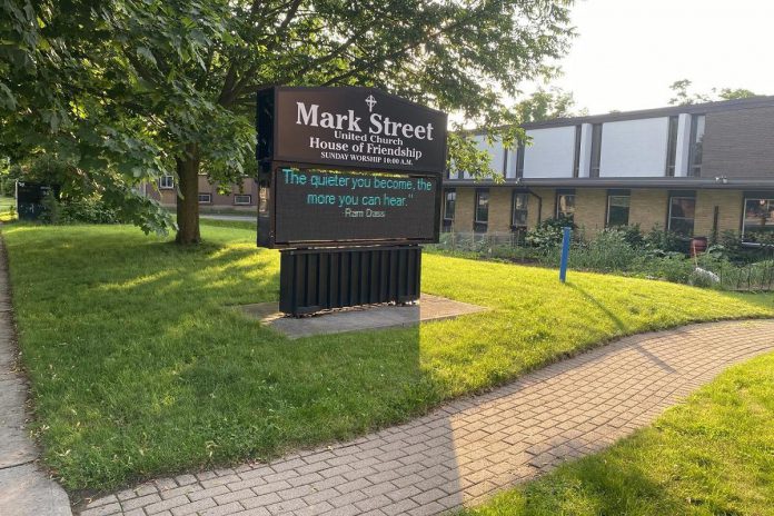Mark Street United Church's Christian Education Centre, pictured here in 2024, is now being demolished to make way for TVM Group's new 17-storey high-rise apartment building. (Photo: Paul Rellinger / kawarthaNOW)