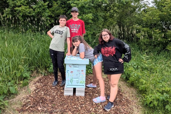 The youth team behind Empire Beez in Trent Hills (left to right: Sebastian Smith, Owen Musson, Eloise Smith, and Penelope McEvoy) stand with the beehive they installed at the Simpson Street Community Garden in Campbellford. The group launched the small business last year with the aim of raising awareness around honeybees and installing community beehives. The team will be unveiling the beehive during a garden talk held by IncrEdible Trent Hills on July 9, 2026. (Photo courtesy of Blythe Weber)