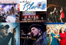 encoreNOW for July 13, 2026 features (from left to right, top and bottom) the North of Nowhere Music Festival in Lindsay, "In The Key of Blue" at Peterborough's Showplace Performance Centre, "Barnful of Broadway - Love Changes Everything" at Campbellford's Westben, Matthew Good at Peterborough Musicfest, Paul Reddick at the River Time Blues Festival in Port Hope, and Karen Parker and Diana Frances in "Leave it to Cleavage" at Bobcaygeon's Globus Theatre. (kawarthaNOW collage)