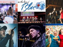 encoreNOW for July 13, 2026 features (from left to right, top and bottom) the North of Nowhere Music Festival in Lindsay, "In The Key of Blue" at Peterborough's Showplace Performance Centre, "Barnful of Broadway - Love Changes Everything" at Campbellford's Westben, Matthew Good at Peterborough Musicfest, Paul Reddick at the River Time Blues Festival in Port Hope, and Karen Parker and Diana Frances in "Leave it to Cleavage" at Bobcaygeon's Globus Theatre. (kawarthaNOW collage)