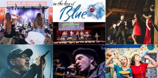 encoreNOW for July 13, 2026 features (from left to right, top and bottom) the North of Nowhere Music Festival in Lindsay, "In The Key of Blue" at Peterborough's Showplace Performance Centre, "Barnful of Broadway - Love Changes Everything" at Campbellford's Westben, Matthew Good at Peterborough Musicfest, Paul Reddick at the River Time Blues Festival in Port Hope, and Karen Parker and Diana Frances in "Leave it to Cleavage" at Bobcaygeon's Globus Theatre. (kawarthaNOW collage)
