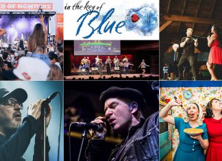 encoreNOW – July 13, 2026 encoreNOW for July 13, 2026 features (from left to right, top and bottom) the North of Nowhere Music Festival in Lindsay, "In The Key of Blue" at Peterborough's Showplace Performance Centre, "Barnful of Broadway - Love Changes Everything" at Campbellford's Westben, Matthew Good at Peterborough Musicfest, Paul Reddick at the River Time Blues Festival in Port Hope, and Karen Parker and Diana Frances in "Leave it to Cleavage" at Bobcaygeon's Globus Theatre. (kawarthaNOW collage)