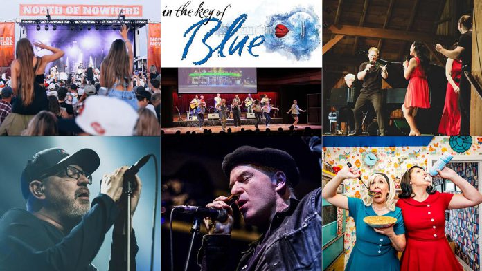 encoreNOW for July 13, 2026 features (from left to right, top and bottom) the North of Nowhere Music Festival in Lindsay, "In The Key of Blue" at Peterborough's Showplace Performance Centre, "Barnful of Broadway - Love Changes Everything" at Campbellford's Westben, Matthew Good at Peterborough Musicfest, Paul Reddick at the River Time Blues Festival in Port Hope, and Karen Parker and Diana Frances in "Leave it to Cleavage" at Bobcaygeon's Globus Theatre. (kawarthaNOW collage) encoreNOW for July 13, 2026 features (from left to right, top and bottom) the North of Nowhere Music Festival in Lindsay, "In The Key of Blue" at Peterborough's Showplace Performance Centre, "Barnful of Broadway - Love Changes Everything" at Campbellford's Westben, Matthew Good at Peterborough Musicfest, Paul Reddick at the River Time Blues Festival in Port Hope, and Karen Parker and Diana Frances in "Leave it to Cleavage" at Bobcaygeon's Globus Theatre. (kawarthaNOW collage)