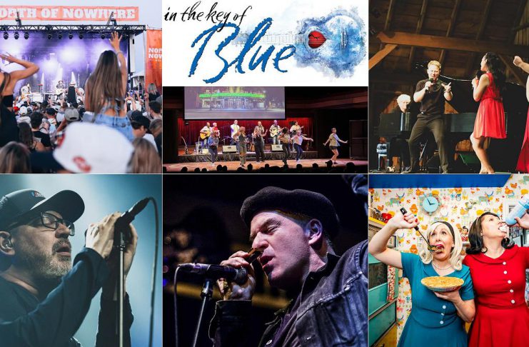 encoreNOW – July 13, 2026 encoreNOW for July 13, 2026 features (from left to right, top and bottom) the North of Nowhere Music Festival in Lindsay, "In The Key of Blue" at Peterborough's Showplace Performance Centre, "Barnful of Broadway - Love Changes Everything" at Campbellford's Westben, Matthew Good at Peterborough Musicfest, Paul Reddick at the River Time Blues Festival in Port Hope, and Karen Parker and Diana Frances in "Leave it to Cleavage" at Bobcaygeon's Globus Theatre. (kawarthaNOW collage)