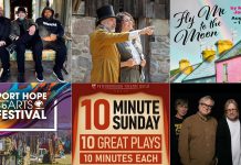 encoreNOW for July 27, 2026 features (from left to right, top and bottom) the Daniel Lanois Trio at Lindsay's FLATO Academy Theatre, "Wild Irish Geese" at 4th Line Theatre in Millbrook, "Fly Me to the Moon" at Bobcaygeon's Globus Theatre, the Port Hope Arts Festival, 10 Minute Sunday at the Peterborough Theatre Guild, and Trans-Canada Highwaymen at Peterborough Musicfest. (kawarthaNOW collage)
