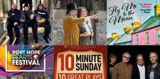 encoreNOW for July 27, 2026 features (from left to right, top and bottom) the Daniel Lanois Trio at Lindsay's FLATO Academy Theatre, "Wild Irish Geese" at 4th Line Theatre in Millbrook, "Fly Me to the Moon" at Bobcaygeon's Globus Theatre, the Port Hope Arts Festival, 10 Minute Sunday at the Peterborough Theatre Guild, and Trans-Canada Highwaymen at Peterborough Musicfest. (kawarthaNOW collage)