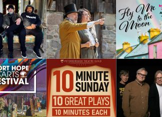 encoreNOW for July 27, 2026 features (from left to right, top and bottom) the Daniel Lanois Trio at Lindsay's FLATO Academy Theatre, "Wild Irish Geese" at 4th Line Theatre in Millbrook, "Fly Me to the Moon" at Bobcaygeon's Globus Theatre, the Port Hope Arts Festival, 10 Minute Sunday at the Peterborough Theatre Guild, and Trans-Canada Highwaymen at Peterborough Musicfest. (kawarthaNOW collage)