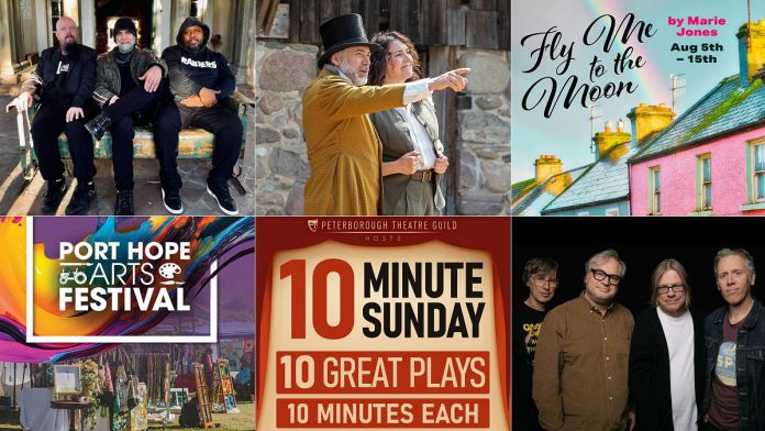 encoreNOW for July 27, 2026 features (from left to right, top and bottom) the Daniel Lanois Trio at Lindsay's FLATO Academy Theatre, "Wild Irish Geese" at 4th Line Theatre in Millbrook, "Fly Me to the Moon" at Bobcaygeon's Globus Theatre, the Port Hope Arts Festival, 10 Minute Sunday at the Peterborough Theatre Guild, and Trans-Canada Highwaymen at Peterborough Musicfest. (kawarthaNOW collage)