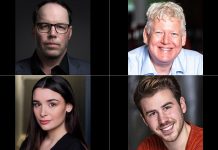Bradley Austin (top left) stars as Burt in the world premiere of his comedy "Sore Losers" at Globus Theatre in Bobcaygeon from July 15 to 25, 2026, along with James Barrett (top right) as Jim, Mallory Brumm (bottom left) as Angie, and Kyle Claeys (bottom right) as Greg. The four actors portray a ragtag team of underdogs who join a provincial bowling tournament to an effort to save Burt and Angie's bowling alley. (kawarthaNOW collage of supplied photos)