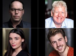 Bradley Austin (top left) stars as Burt in the world premiere of his comedy "Sore Losers" at Globus Theatre in Bobcaygeon from July 15 to 25, 2026, along with James Barrett (top right) as Jim, Mallory Brumm (bottom left) as Angie, and Kyle Claeys (bottom right) as Greg. The four actors portray a ragtag team of underdogs who join a provincial bowling tournament to an effort to save Burt and Angie's bowling alley. (kawarthaNOW collage of supplied photos)