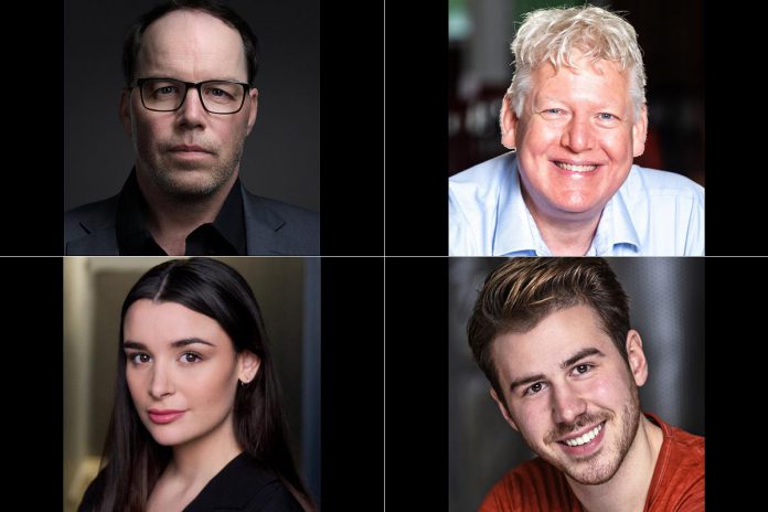 Bradley Austin (top left) stars as Burt in the world premiere of his comedy "Sore Losers" at Globus Theatre in Bobcaygeon from July 15 to 25, 2026, along with James Barrett (top right) as Jim, Mallory Brumm (bottom left) as Angie, and Kyle Claeys (bottom right) as Greg. The four actors portray a ragtag team of underdogs who join a provincial bowling tournament to an effort to save Burt and Angie's bowling alley. (kawarthaNOW collage of supplied photos)