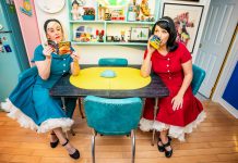 Karen Parker and Diana Frances perform as traditional housewives from the 1950s confronting the modern world in their interactive comedy "Leave it to Cleavage" at Globus Theatre in Bobcaygeon from July 30 to August 1, 2026. (Photo: Dahlia Katz)